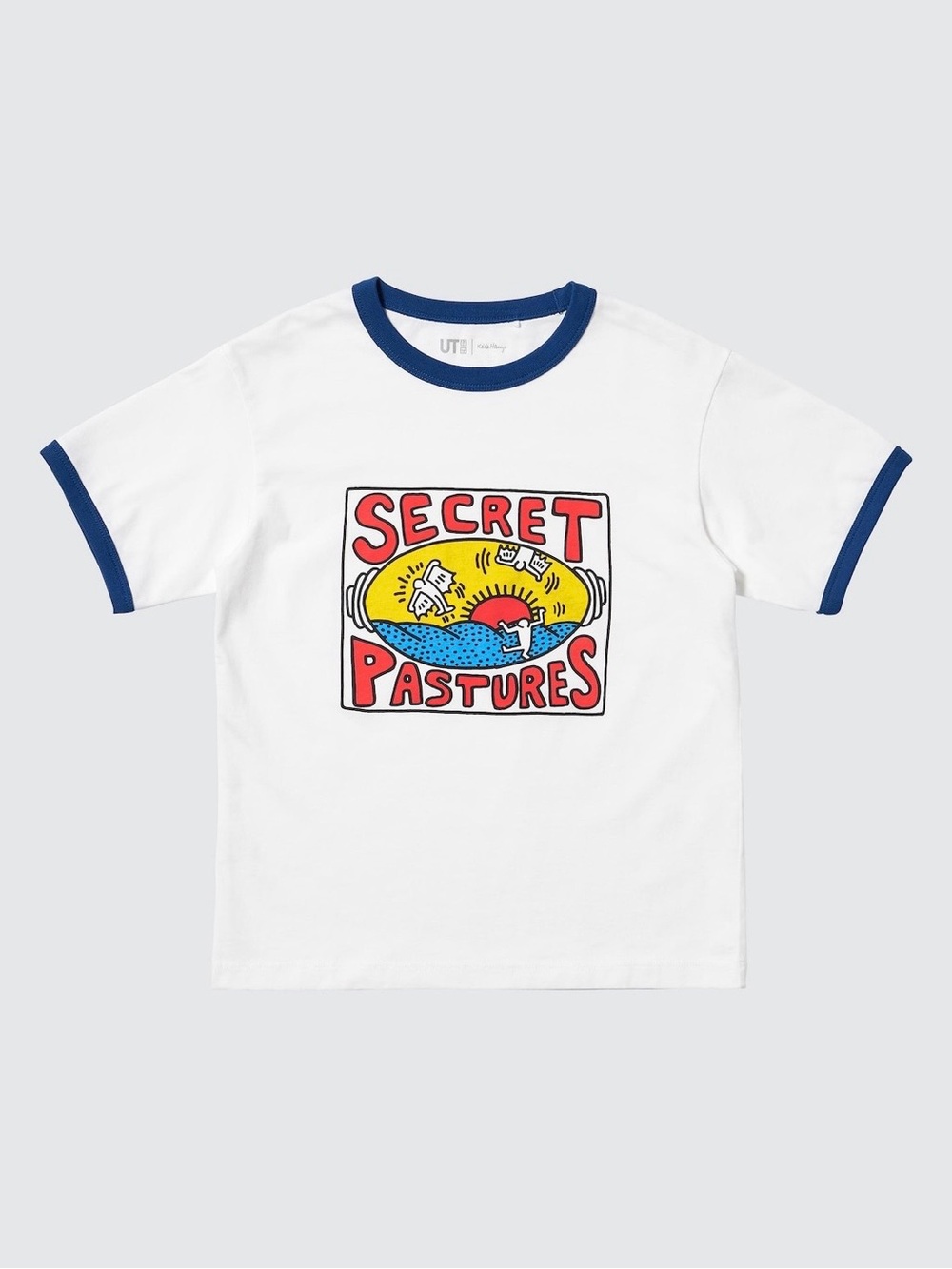 Uniqlo White Ringer Tee with Blue Trim and Colorful Graphic